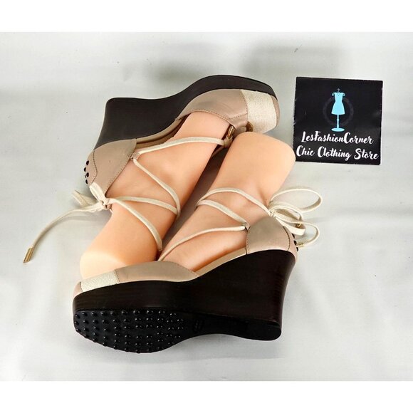 Tod’s Women's Beige Leather Cream Canvas Zeppa Lace Up Wedge Sandals Sz 7 274 - Picture 11 of 16
